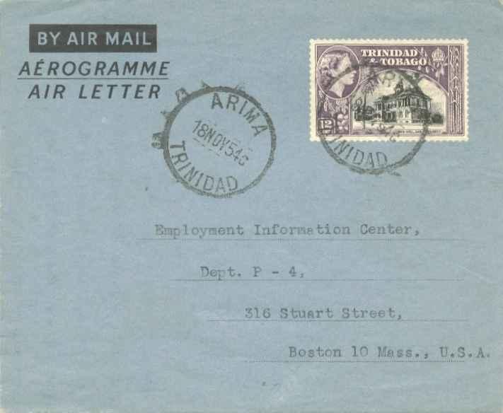 Trinidad 12c QEII Town Hall at San Fernando 1954 Arima, Trinidad Air Letter A...