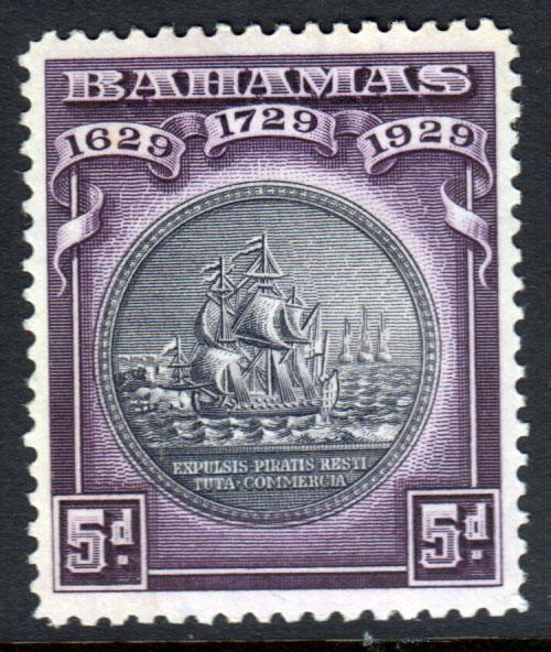 Bahamas KGV 1930 Tercentenary 5d Black Deep Purple SG128 Mint Hinged