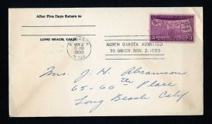 # 858 First Day Cover addressed,  no cachet Bismarck, ND - 11-2-1939 - # 1
