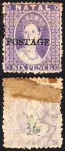 Natal SG83 6d Violet Wmk CC Opt POSTAGE (Davis) Cat 9 pounds