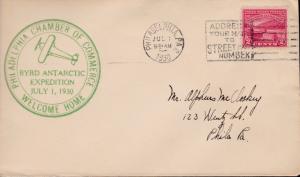 U.S 1930. Byrd Antarctic Expedition Welcome Home Cover Philadelphia C.ofC