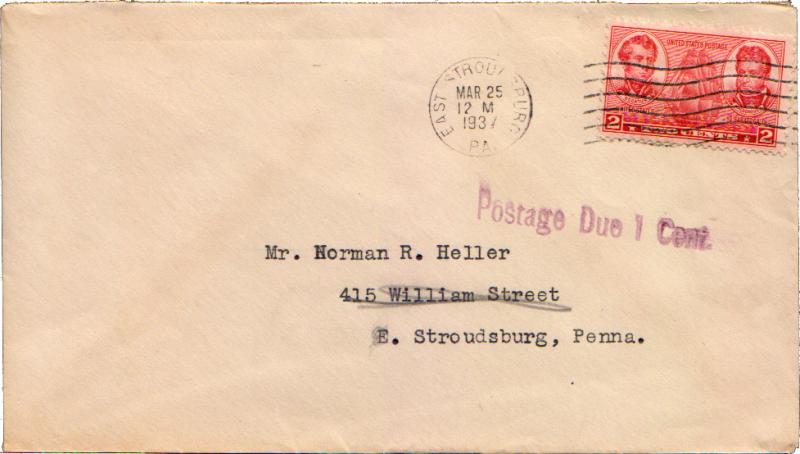 United States Pennsylvania East Stroudsburg 1937 machine  2c Navy  Shortpaid ...