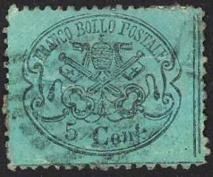 Italy Roman States Sc# 21a Used 1868 5c black, lt blue Papal Arms