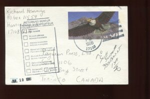 UX219A USED INTERNATIONAL POSTAL CARD TO TORONTO CANADA RETURN TO SENDER MARKING