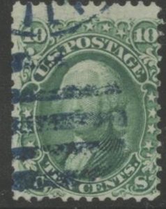 US Sc#68 1861 10c Washington Green Used Dark Blue Cancel Re-Perfed at Left