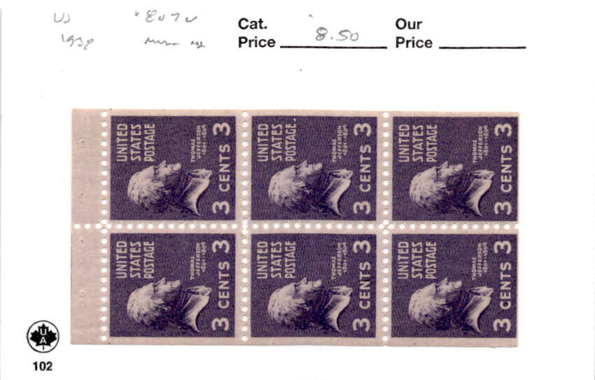 United States Postage Stamp, #807a Pane Mint NH, 1938 Jefferson (AC ...