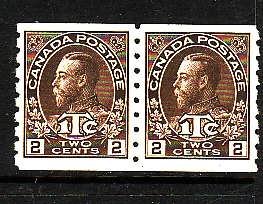 Canada-Sc#MR7-Unused 2c + 1c brown war tax coil pair-KGV-og-hinged-1916-Cdn747-