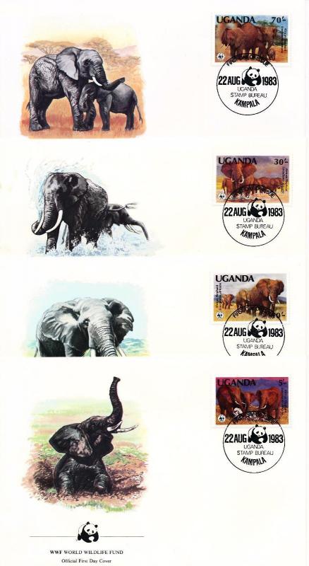 [54154] Uganda 1983 Wild animals Mammals WWF Elephants FDC 4 covers