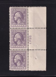 1918 Sc 530 3c purple MNH OG plate number strip of 3 (plate block CV $55) (A5