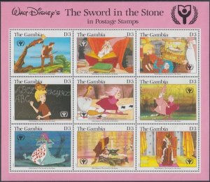 GAMBIA Sc #1059 DISNEY SHEET of 9 DIFF CELEBRATING MOVIE THE SWORD & THE STONE