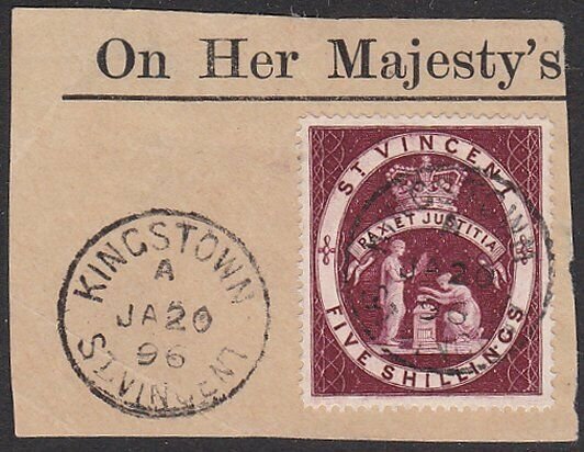 ST VINCENT 1896 5/- SG53b fine used on piece - Kingston cds.................C624