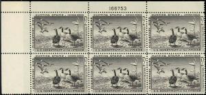 RW25, TOP PLATE BLOCK OF SIX XF OG NH Cat $600.00