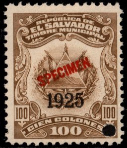 ✔️ EL SALVADOR 1925 (1920) COAT OF ARMS MUNICIPAL REVENUE 100 COLONES MNH [028]