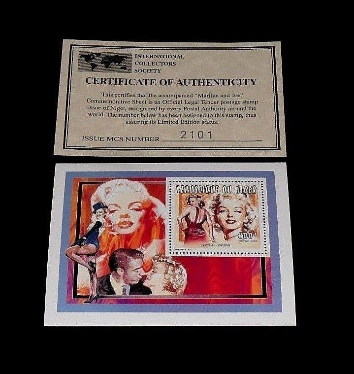 1996, NIGER, MARILYN MONROE, LIMITED EDITION, 800f SOUVENIR SHEET, W/COA