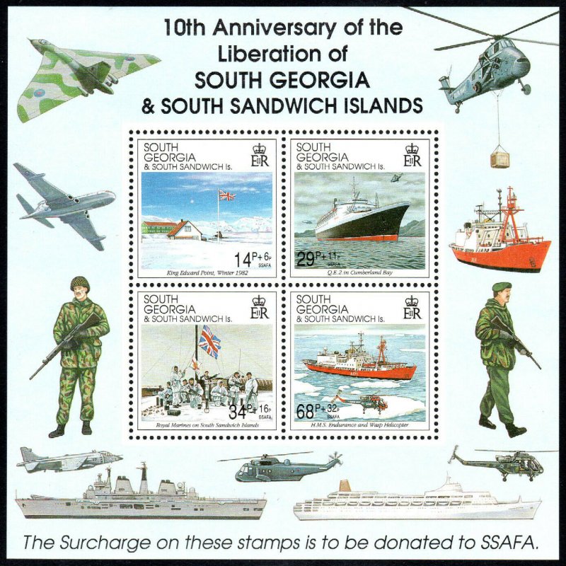 South Georgia B4a S/S, MNH. Liberation, 10th anniv. Air Force, Navy, Flags, 1992