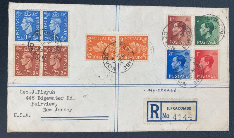 1952 Ifracombe England Registered Cover To Fairview NJ Usa King Edward VIII Stam