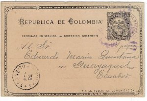 Colombia 1900 Colon (Panama) cancel in purple on postal card to ECUADOR