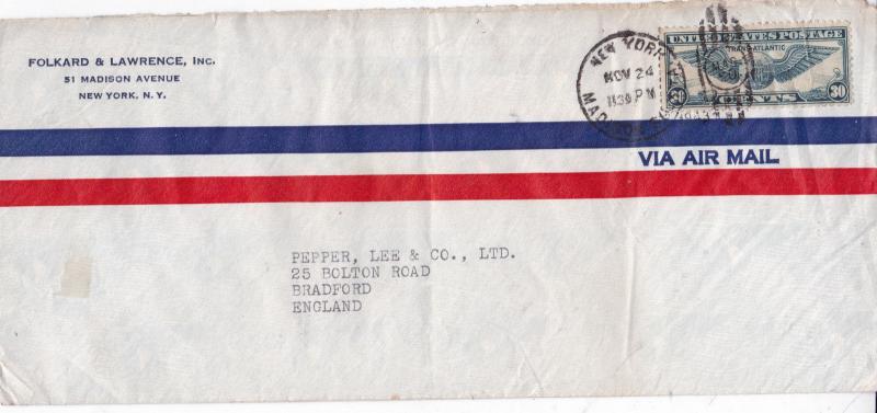 United States 1943 Folkard Lawrence New York to Bradford Cover VGC