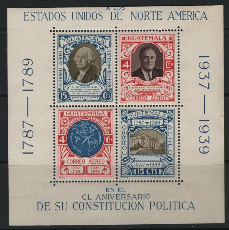 GUATEMALA, C92, HINGED, 1938, SOUVENIR SHEET OF 4, 150 ANNIV. OF US CONSTITUTION
