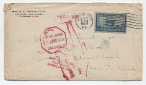 1929 Clearfield PA 5ct aeronautics to New Zealand return to sender [y8189]