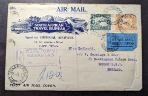 1932 Registered South Africa Airmail First Flight Cover FFC Capetown to London