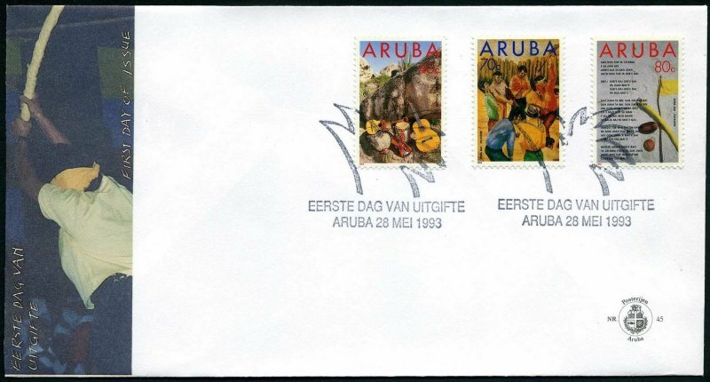 Aruba 92-94 FDC.Michel 122-124. Folklore 1993.String instruments,drum,Music,game