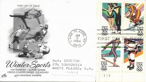 1984 FDC, #2070a, 20c Winter Sports, Art Craft, plate block of 4