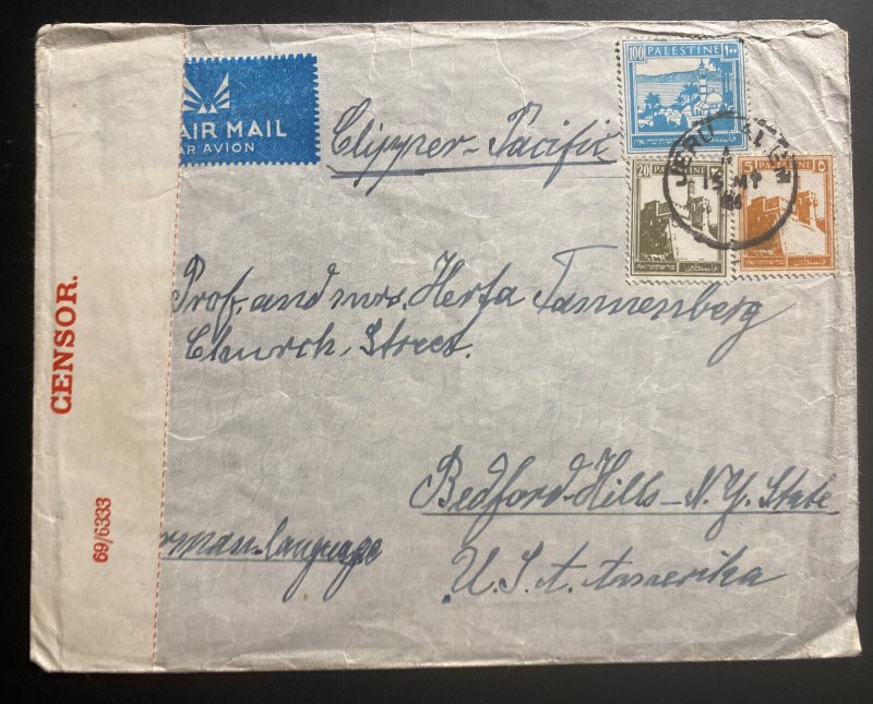 1940 Jerusalem Palestine Airmail Censored Cover To Bedford Hills NY USA 