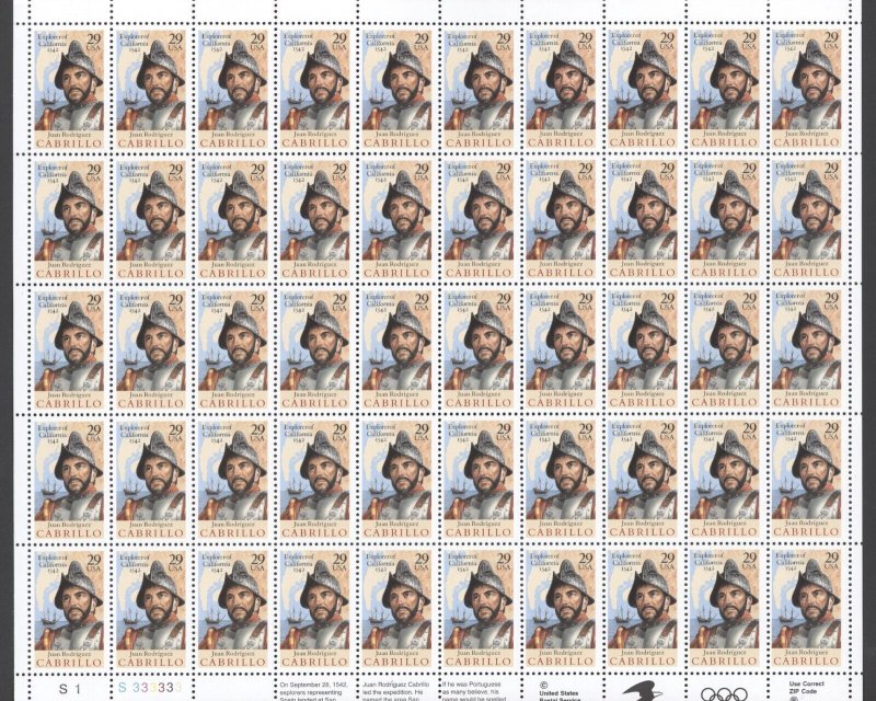 1992 US Scott #2704 29c Cabrillo full Sheet of 50, MNH