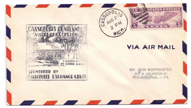 Cassopolis MI Centennial Event Cover 1931 Michigan Airmail