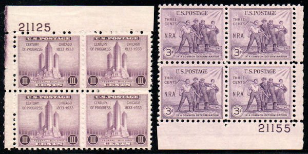 US #727 // 732 VF OG NH, Plate Blocks of 4, bold color set! SEE PHOTO