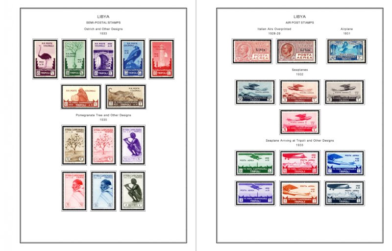 COLOR PRINTED ITALIAN LIBYA 1912-1942 STAMP ALBUM PAGES (24 illustrated pages)