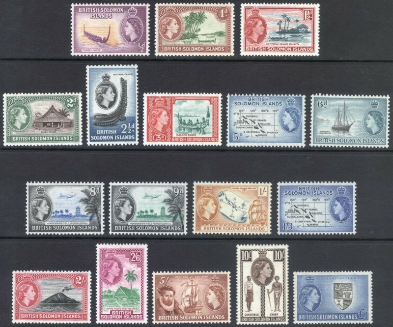 Br Solomon Is 1956 1/2d-£1 QEII Pictorial SG 82-96 Sc 89-105 MVLH Cat£95($120)