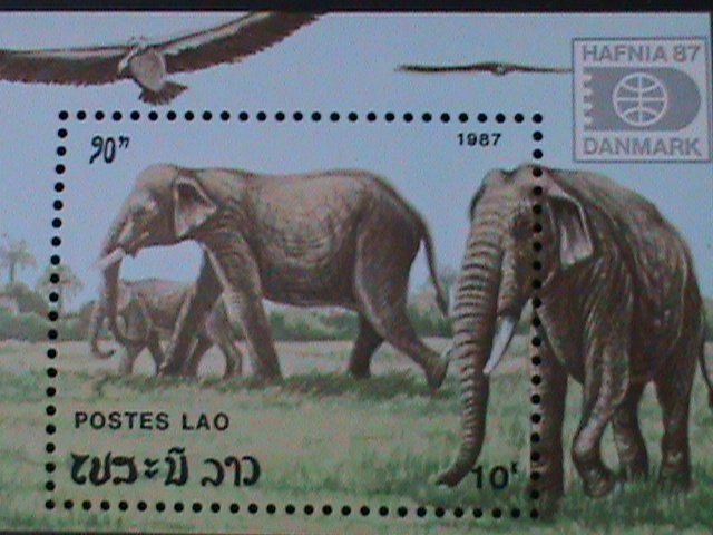 ​LAOS-1987--SC#812 HAFNIA'87 STAMP SHOW-DENMARK-LOVELY ELEPHANTS MNH:S/S VF