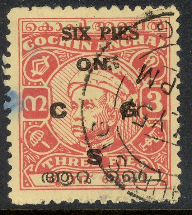 INDIA IFS TRAVANCORE COCHIN 1950 6p on 3p Varma II OFFICIAL Sc No O8 VFU