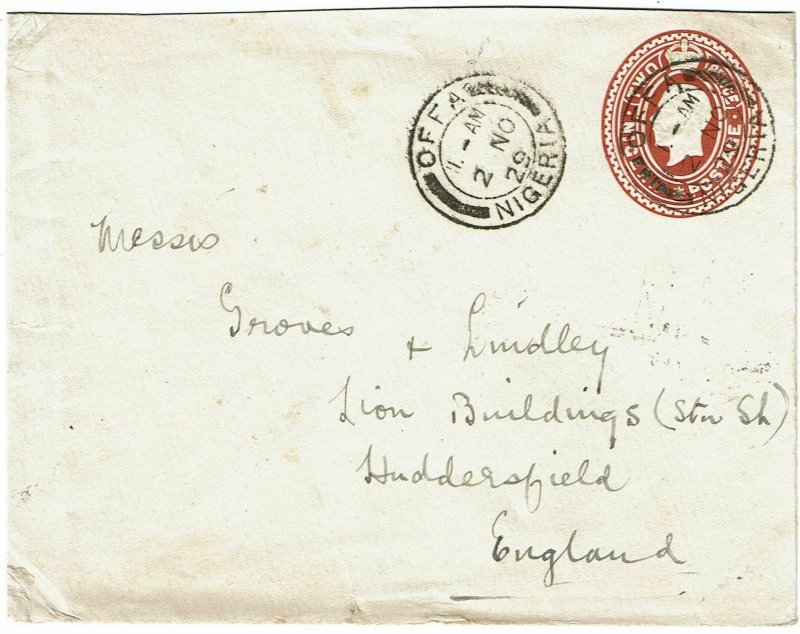 Nigeria 1929 Offa cancel on stationery envelope to England