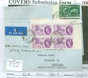 Great Britain 375/441 Five colorful Q.E. 2 FDCs 1960-65; G.P.O anniversary set on 2 covers,above and 4 more issues in pairs or b