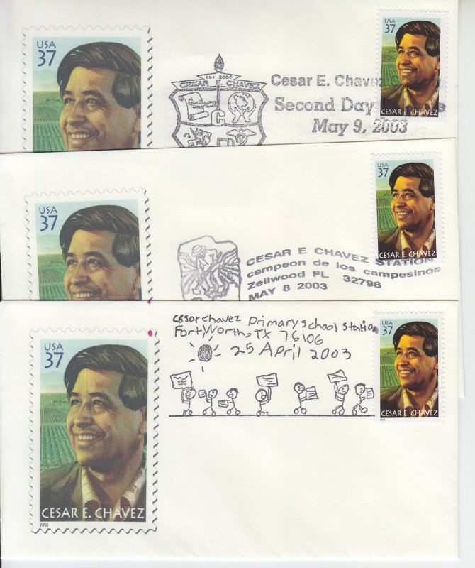 2003 United States Cesar Chavez  (Scott 3781) Stamp cachet Cancels Not FDC