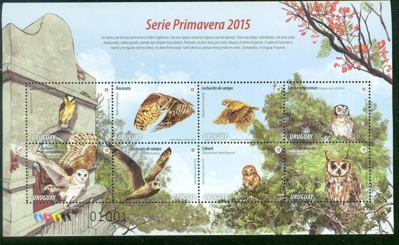 Fauna Bird Owl Native species Uruguay MNH stamp sheet church bell tower 