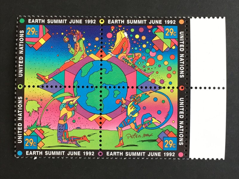 United Nations 1992 Earth Summit Blocks of 4 MNH, NY, Geneva, Vienna Peter Max