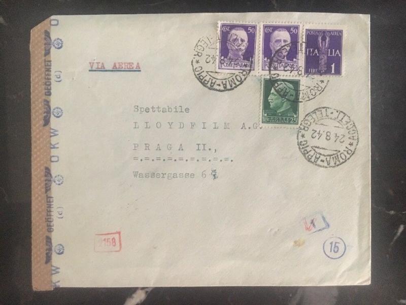 1942 Roma Italy Commercial Dual Censored Cover to Prague Czech Republic