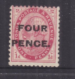 TONGA, 1891 FOUR PENCE on 1d. Carmine, heavy hinged.