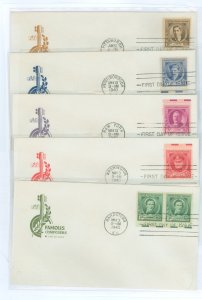 US 879-883 1940 Composers (part of the famous American series) set of five on five first day covers with matching House of Farnu