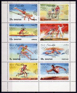 Dhufar 1973 Scouts Day ovpt on Munich Olympics Sheetlet (8) Perforated MNH