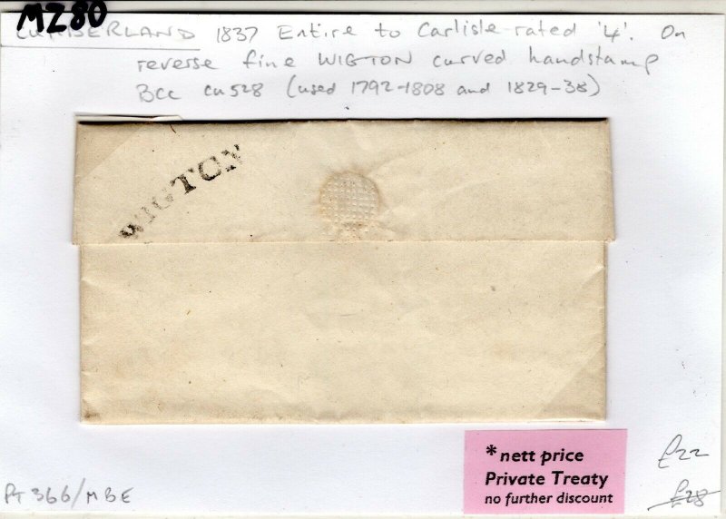 GB Cumberland Cover Carlisle Rated *4* *WIGTON* Curved Handstamp EL 1837 MZ80