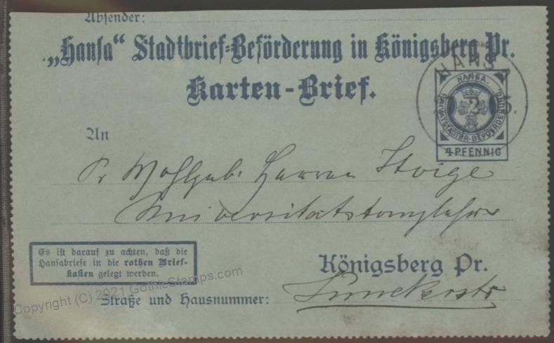 Germany 1899 Koenigsberg HANSA Local Private Stadtpost Kartenbrief Cover G102405