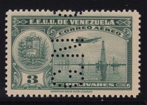 Venezuela 1938-39 3b Blue Green Airmail GN Perfin Official VLMM. Scott OAC108