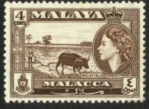 MALAYA MALACCA  1957 QE2 4c RICEFIELD Pictorial Issue Sc 47 MLH