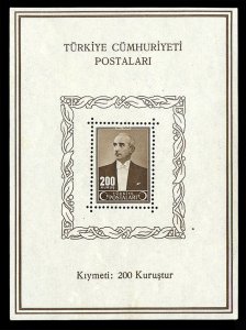 Turkey #915a Cat$70, 1943 200k President Inounu souvenir sheet, slightly dist...