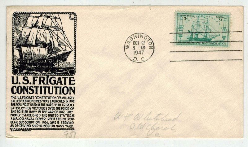 1947 OLD IRONSIDES US FRIGATE CONSTITUTION 951 D.C> FDC Anderson IN Black